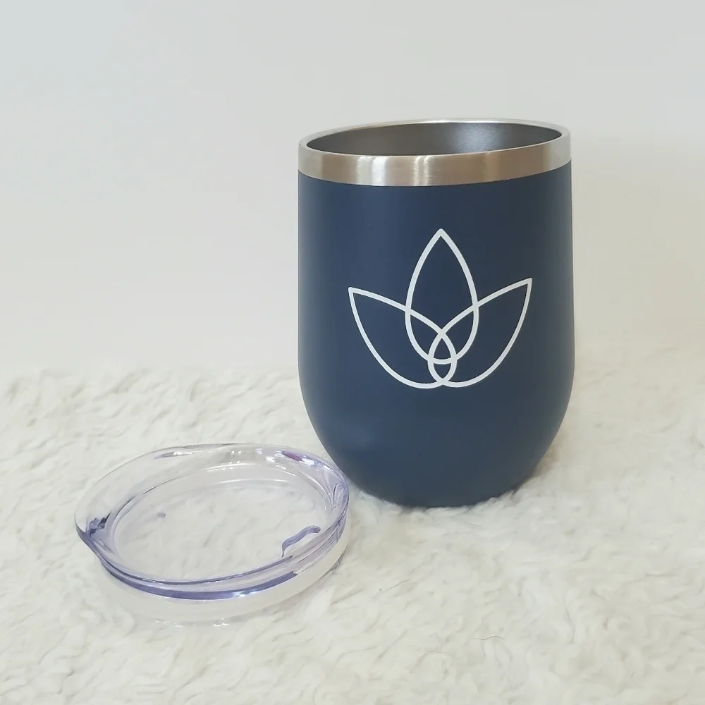Navy Blue Silver Stainless Steel Stemless Wine Tumbler 12 Oz